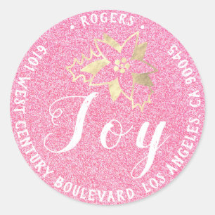 Joy Holly Holiday Return Address Pink RSVP Gold Classic Round Sticker