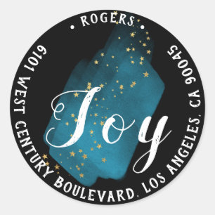 Joy Holly Holiday Return Address Stars Stroke Navy Classic Round Sticker