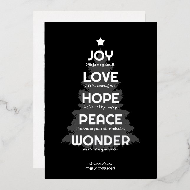 Joy Hope Love Peace Wonder Christian Christmas Foil Holiday Card (Front/Back)