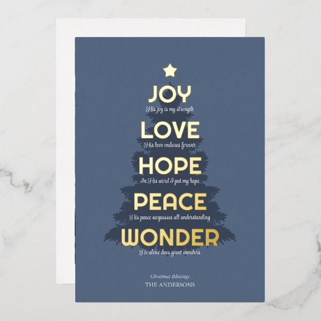 Joy Hope Love Peace Wonder Christian Christmas Foil Holiday Card (Front/Back)