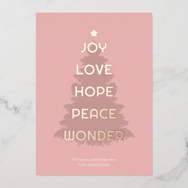 Joy Hope Love Peace Wonder Christmas Foil Holiday Card (Front)