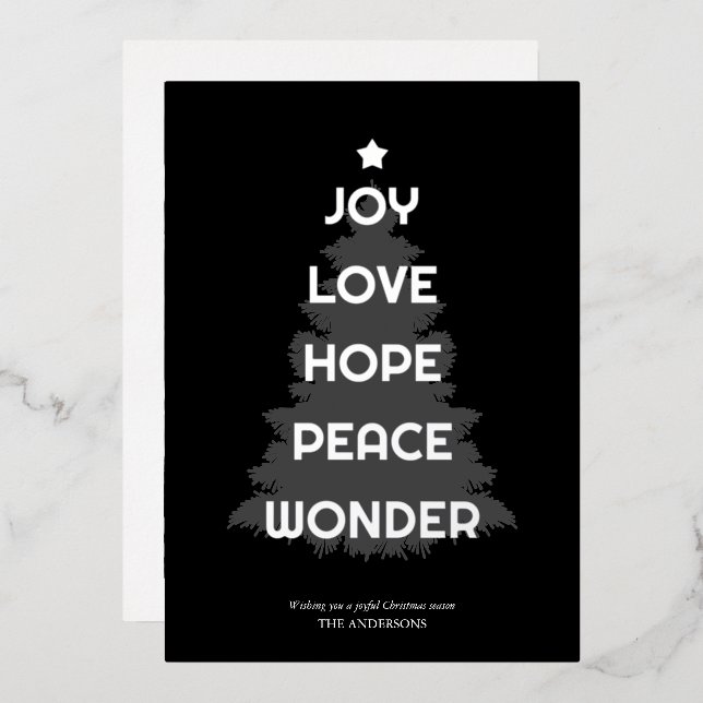 Joy Hope Love Peace Wonder Christmas Foil Holiday Card (Front/Back)