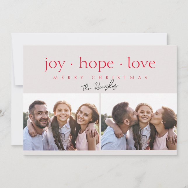 Joy Hope Love Two Photo Modern Red Holiday Card (Front)