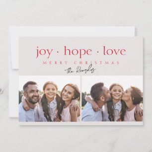Joy Hope Love Two Photo Modern Red Holiday Card