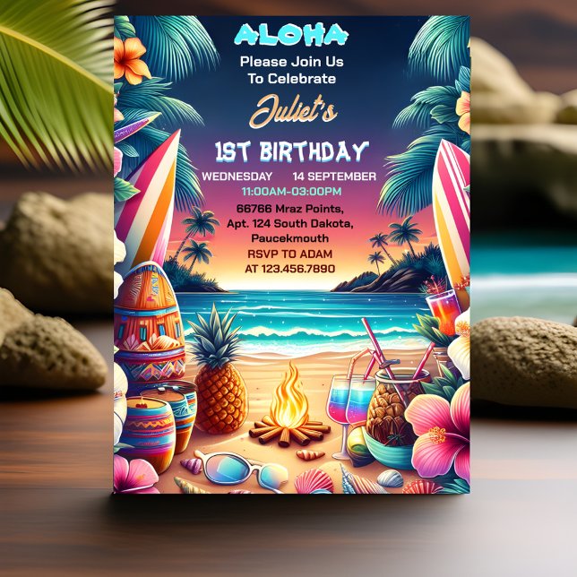 Joy hula Luau Surf aloha hawaiian 1st birthday Inv Invitation (Creator Uploaded)