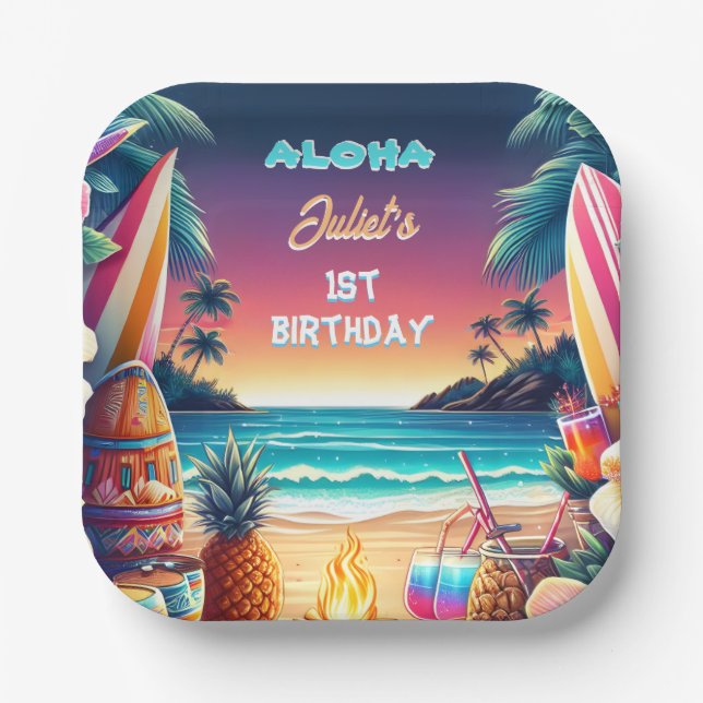 Joy hula Luau Surf aloha hawaiian 1st birthday Paper Plate (Front)