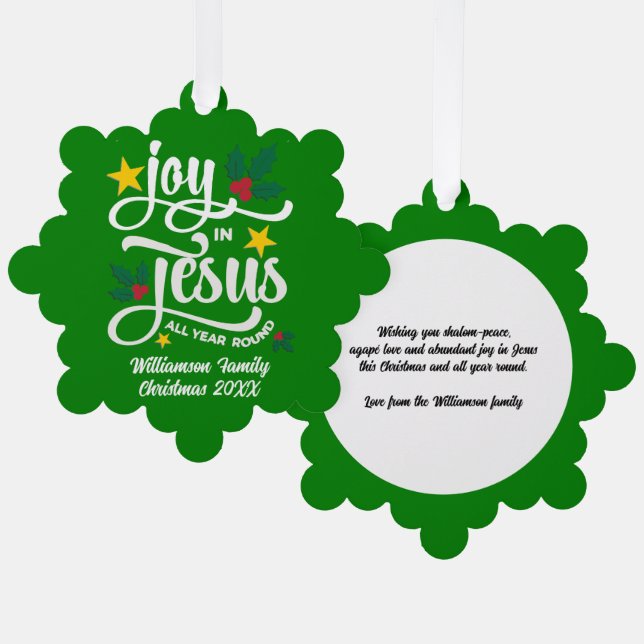 Joy in Jesus Christian Christmas Family Name  Tree Decoration Card (Front/Back)