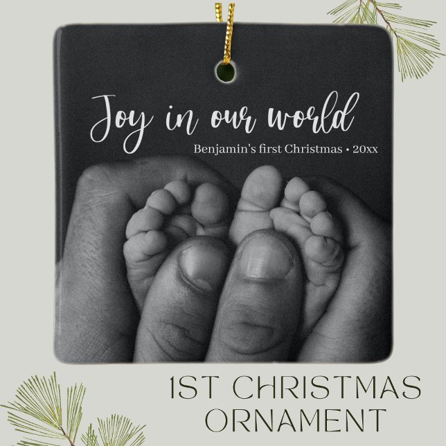 "Joy in our world" Baby's First Christmas Holiday Ceramic Ornament (Joy in our world baby's first christmas holiday ornament with baby photo and script writing)