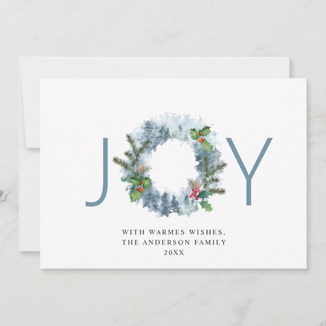 JOY Landscape Wreath Christmas Forest Greeting Holiday Card (Front)