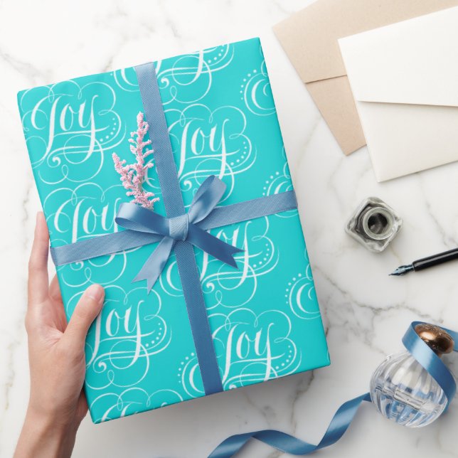 JOY Lettering Fashionable Flourished Aqua Blue Wrapping Paper (Gifting)