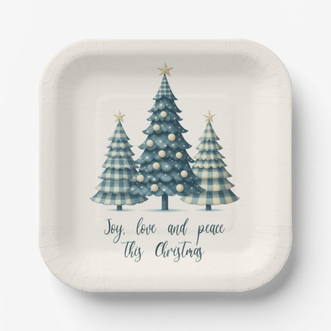 Joy, Love and Peace Blue Chequered Christmas Trees Paper Plate (Front)