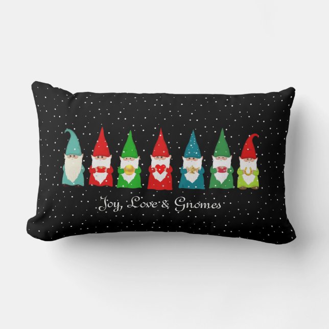 Joy, Love & Christmas Gnomes on Black Lumbar Cushion (Front)