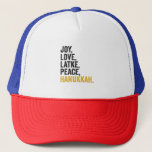 Joy Love Latkes Peace Hanukkah Funny Jewish Trucker Hat<br><div class="desc">funny, jewish, latke, gift, birthday, chanukah, jew, holiday, menorah</div>