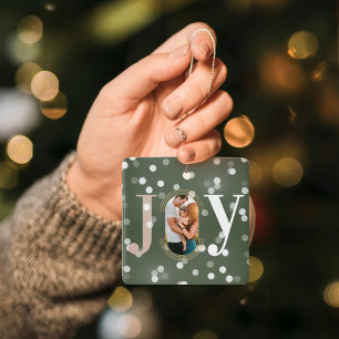 Joy Love Modern Type Geometric Family Photo Green Ceramic Ornament