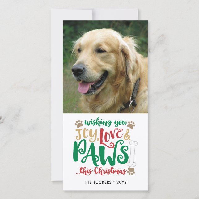 Joy Love Paws Dog Christmas Photo Holiday Card (Front)