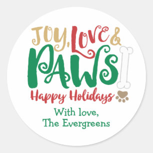Joy Love PAWS Dog Happy Holidays Classic Round Sticker