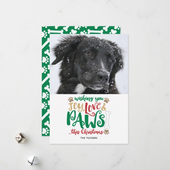 Joy Love Paws Dog Happy Holidays Photo Holiday Card (Front/Back In Situ)