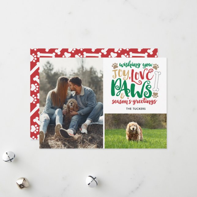 Joy Love Paws Dog Season's Greetings Red 2-Photo Holiday Card (Front/Back In Situ)