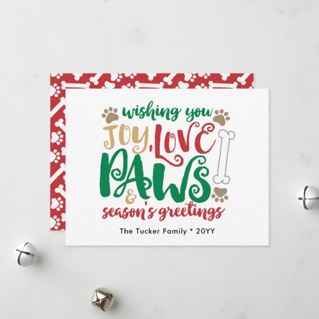 Joy Love Paws Dog Season's Greetings Red & Green Holiday Card (Front/Back In Situ)