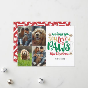 Joy Love Paws Merry Christmas Dog Red 4-Photo Holiday Card
