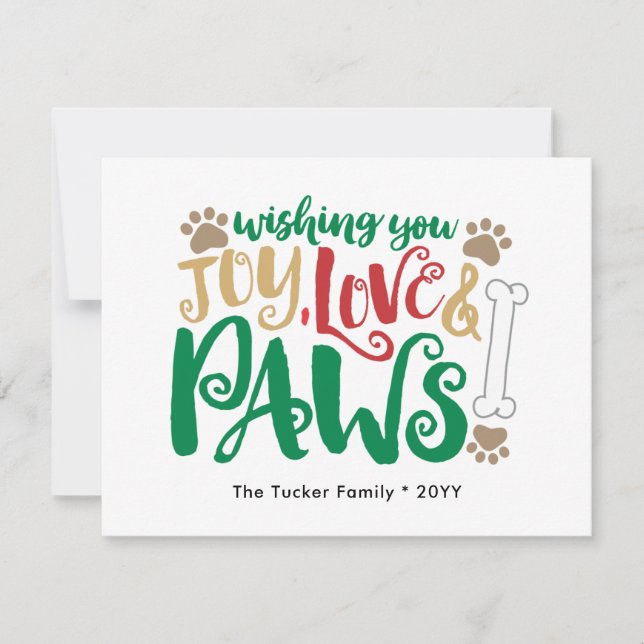 Joy Love Paws Peace Dog Paw Prints Red & Green Holiday Card (Front)