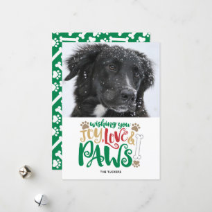 Joy Love Paws Peace Dog Photo Red Green Holiday Card