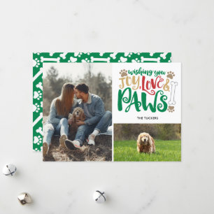 Joy Love Paws Peace Dog Red Green 2-Photo Holiday Card