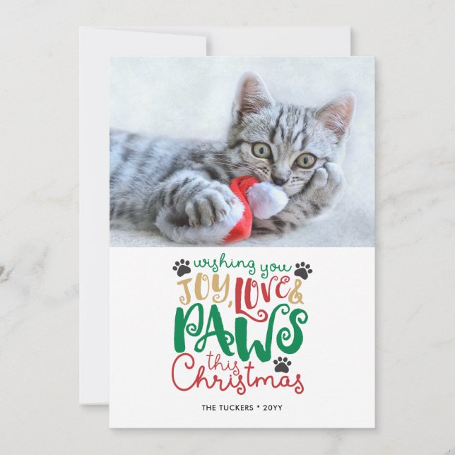 Joy Love Paws Pet Cat Christmas Photo Holiday Card (Front)