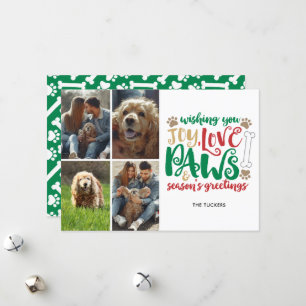 Joy Love Paws Season's Greeting Dog Green 4-Photo Holiday Card