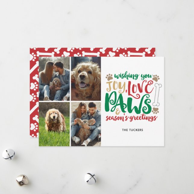Joy Love Paws Season's Greeting Dog Red 4-Photo Holiday Card (Front/Back In Situ)