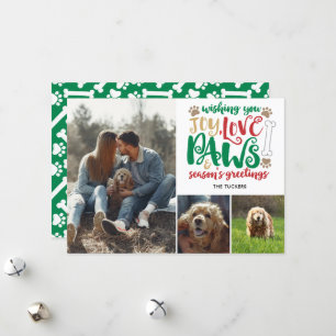 Joy Love Paws Season's Greetings Green Dog 3-Photo Holiday Card