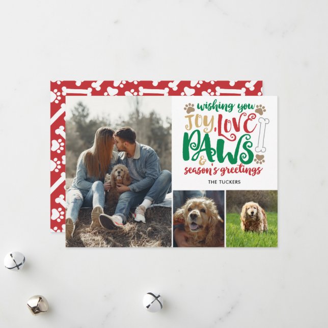 Joy Love Paws Season's Greetings Red Dog 3-Photo Holiday Card (Front/Back In Situ)
