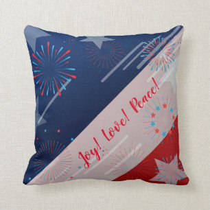 Joy! Love! Peace! American USA Flag and Fireworks Cushion
