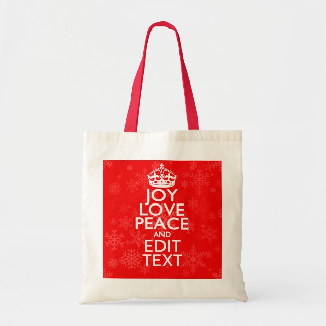 Joy Love Peace and Your Text Red Accent Snowflakes Tote Bag (Front)