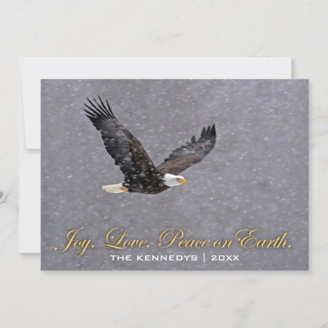 Joy Love Peace - Bald Eagle Flying in Snowstorm Holiday Card (Front)