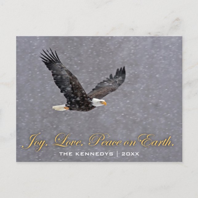 Joy Love Peace - Bald Eagle Flying in Snowstorm Holiday Postcard (Front)