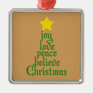 Joy, Love, Peace, Believe, Christmas Metal Tree Decoration