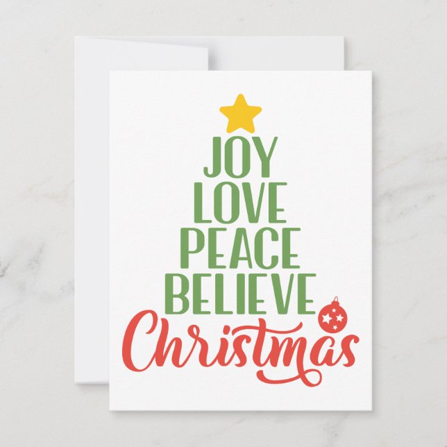Joy, Love, Peace, Believe, Christmas Tree Coffee M Holiday Card (Front)