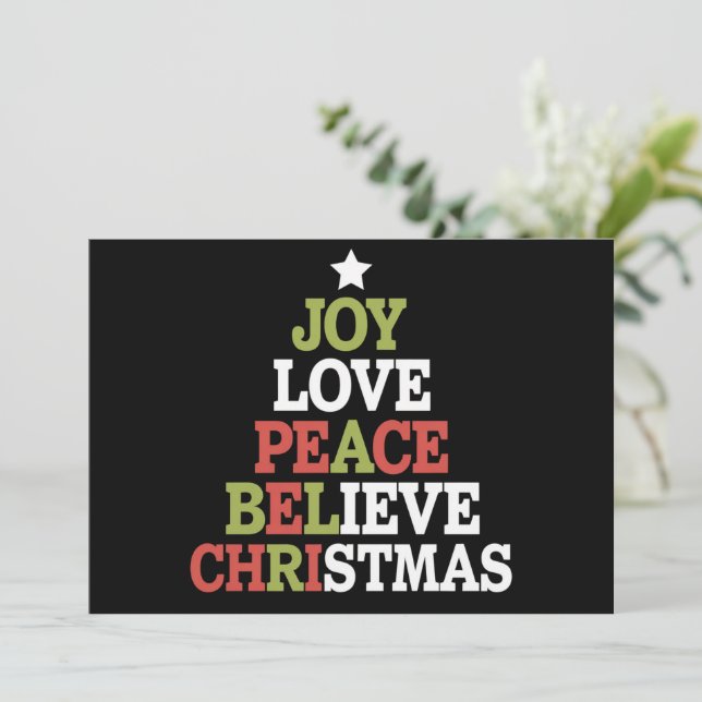 Joy Love Peace Believe Christmas Tree Family  Holiday Card (Standing Front)