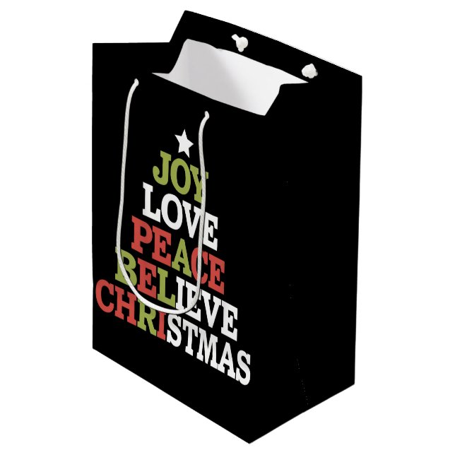 Joy Love Peace Believe Christmas Tree Family  Medium Gift Bag (Front Angled)