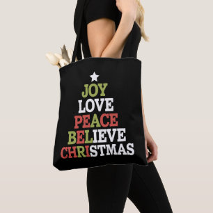Joy Love Peace Believe Christmas Tree Family  Tote Bag