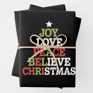 Joy Love Peace Believe Christmas Tree Family Wrapping Paper Sheet