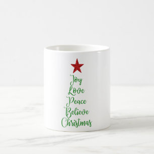 Joy Love Peace Believe Christmas Tree with Red Coffee Mug