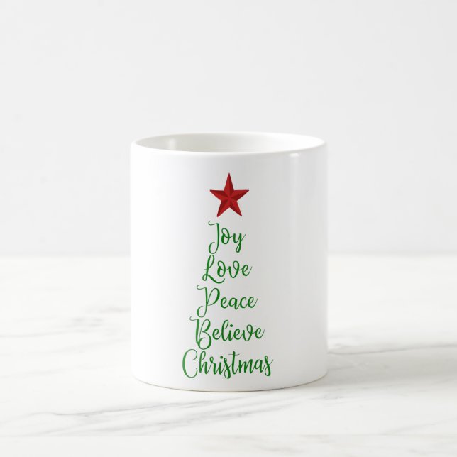 Joy Love Peace Believe Christmas Tree with Red Coffee Mug (Center)