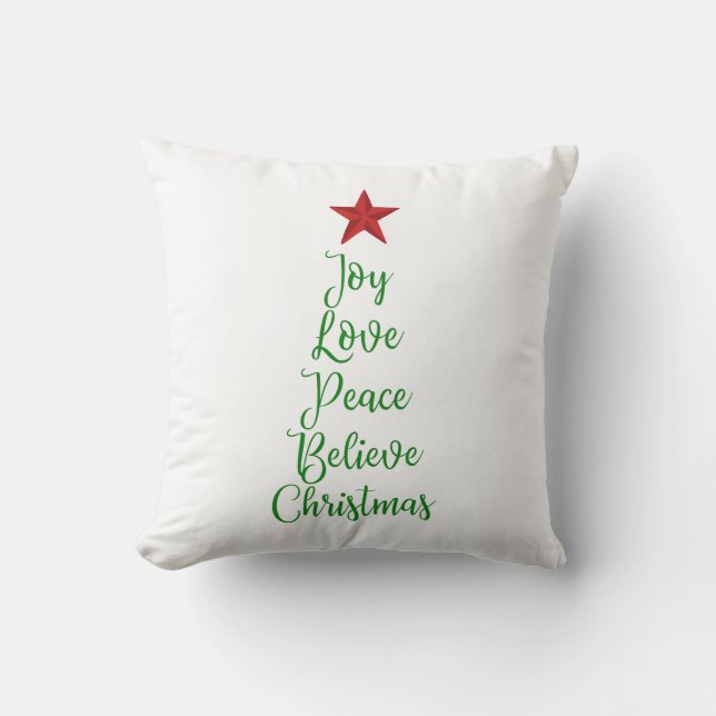Joy Love Peace Believe Christmas Tree with Red Cushion (Front)
