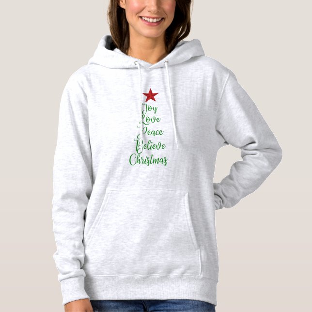 Joy Love Peace Believe Christmas Tree with Red Hoodie (Front)