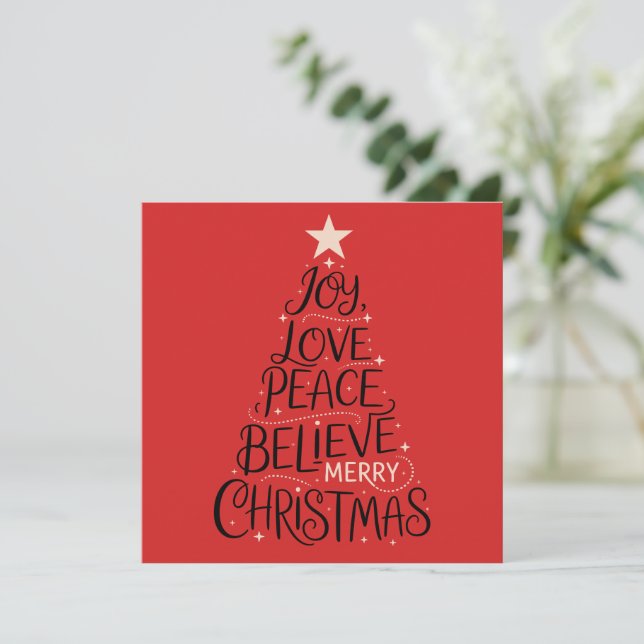 Joy Love Peace Believe Merry Christmas Tree Xmas Holiday Card (Standing Front)