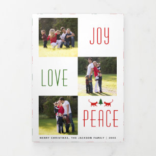 Joy Love Peace cat, tree pattern Christmas photo Tri-Fold Holiday Card