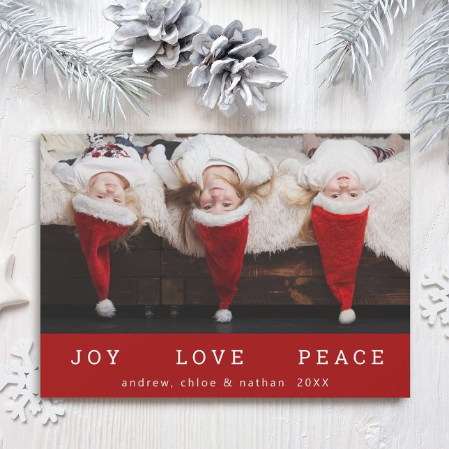JOY LOVE PEACE Christmas Funny Photo Red Holiday Card (Creator Uploaded)