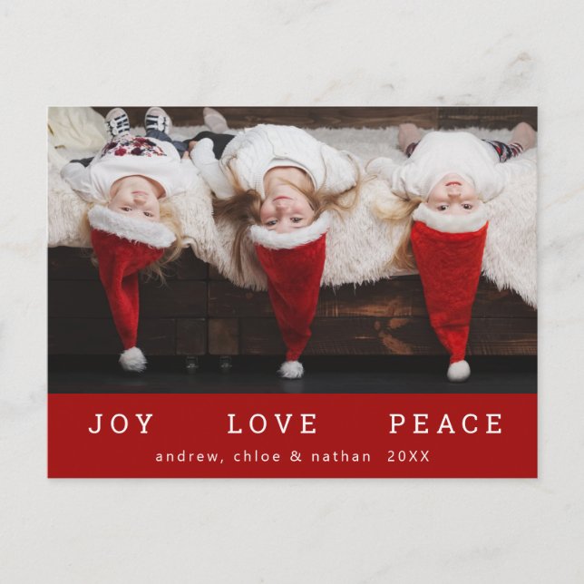 JOY LOVE PEACE Christmas Funny Photo Red Holiday Postcard (Front)